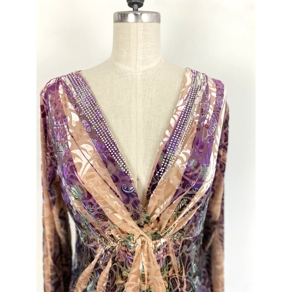 Vintage Y2K Boston Proper Top L Boho Glam Velvet Burnout Beaded V-Neck Fairy - Picture 4 of 8